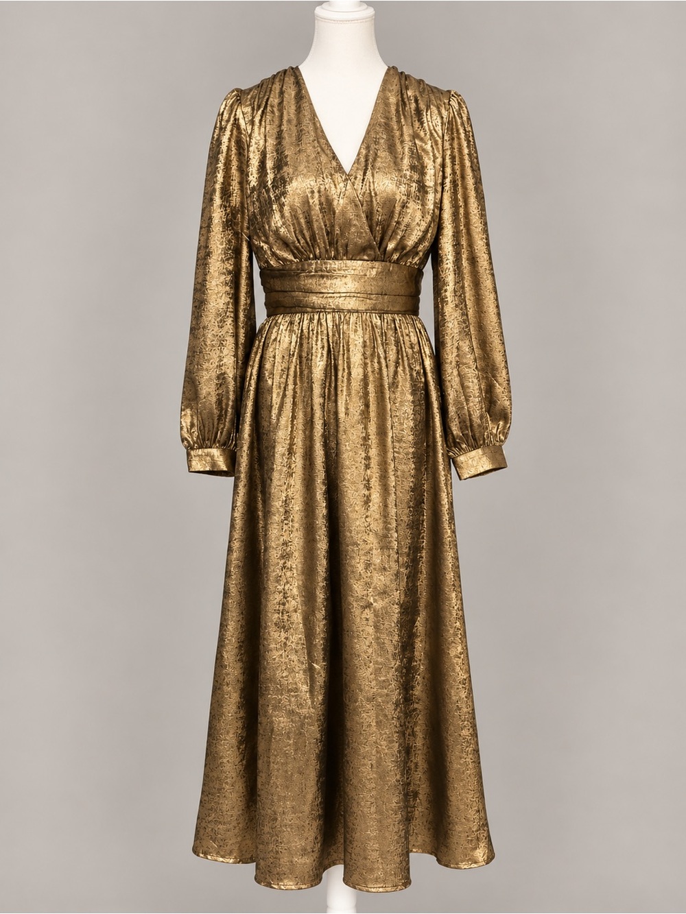 Hudson Gray Metallic Gold Plunge V-Neck Long Sleeve Maxi Dress M Boho Glam